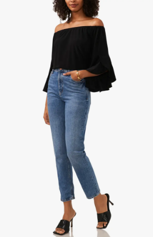 Off the shoulder top with moms jean